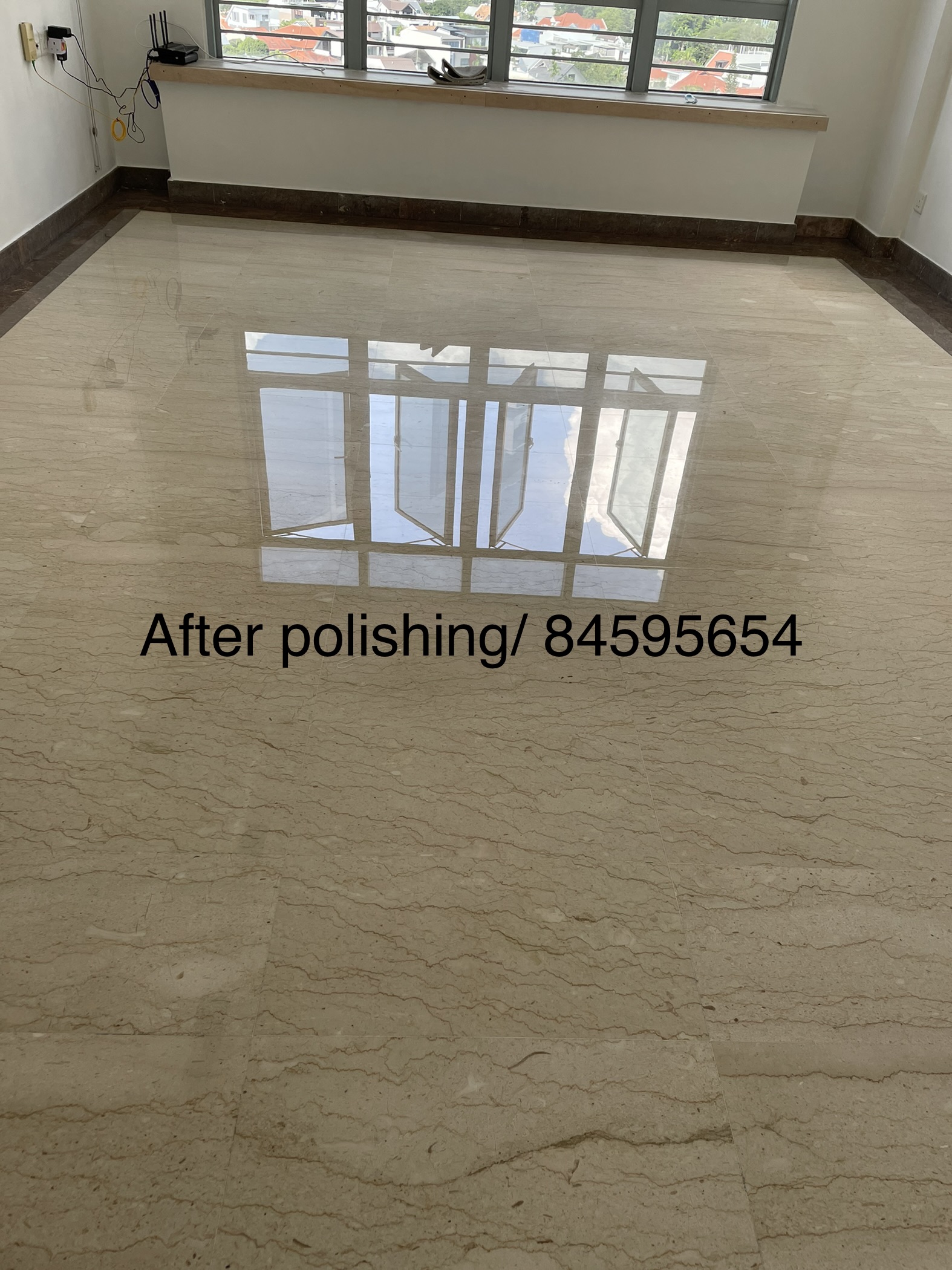 After marble polishing and gum grouting on floor and walls look likes shiny.