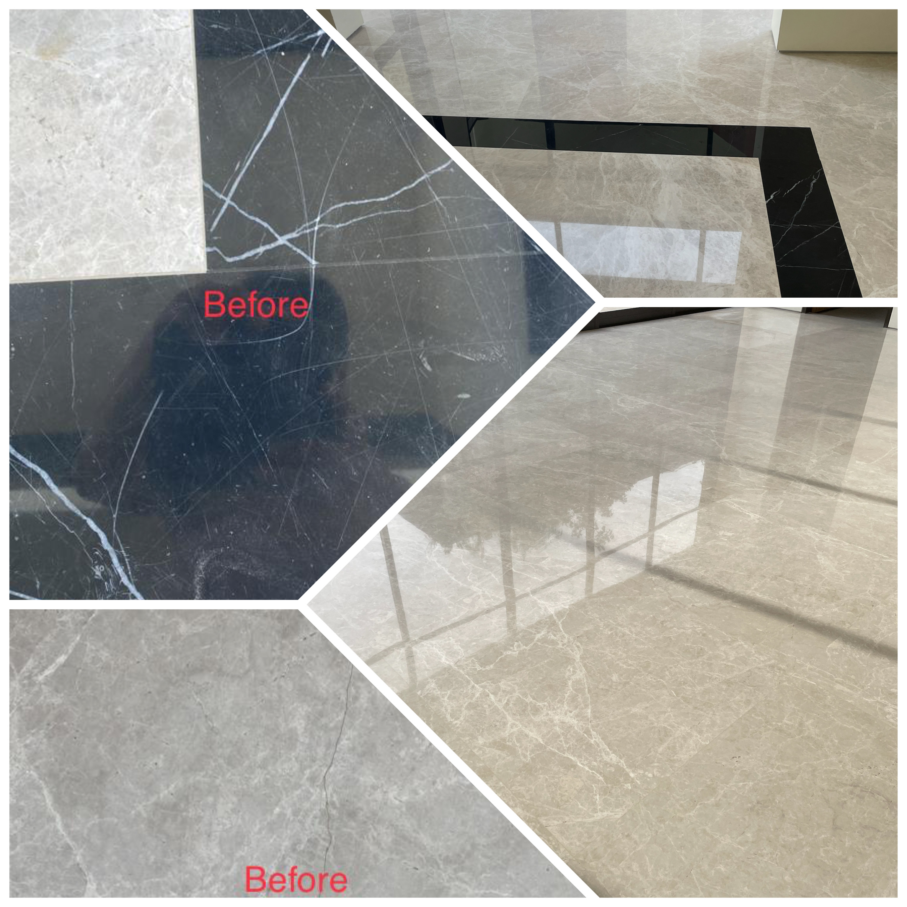 Before polish or cleaning tiles. After marble cleaning and polishing tiles done.