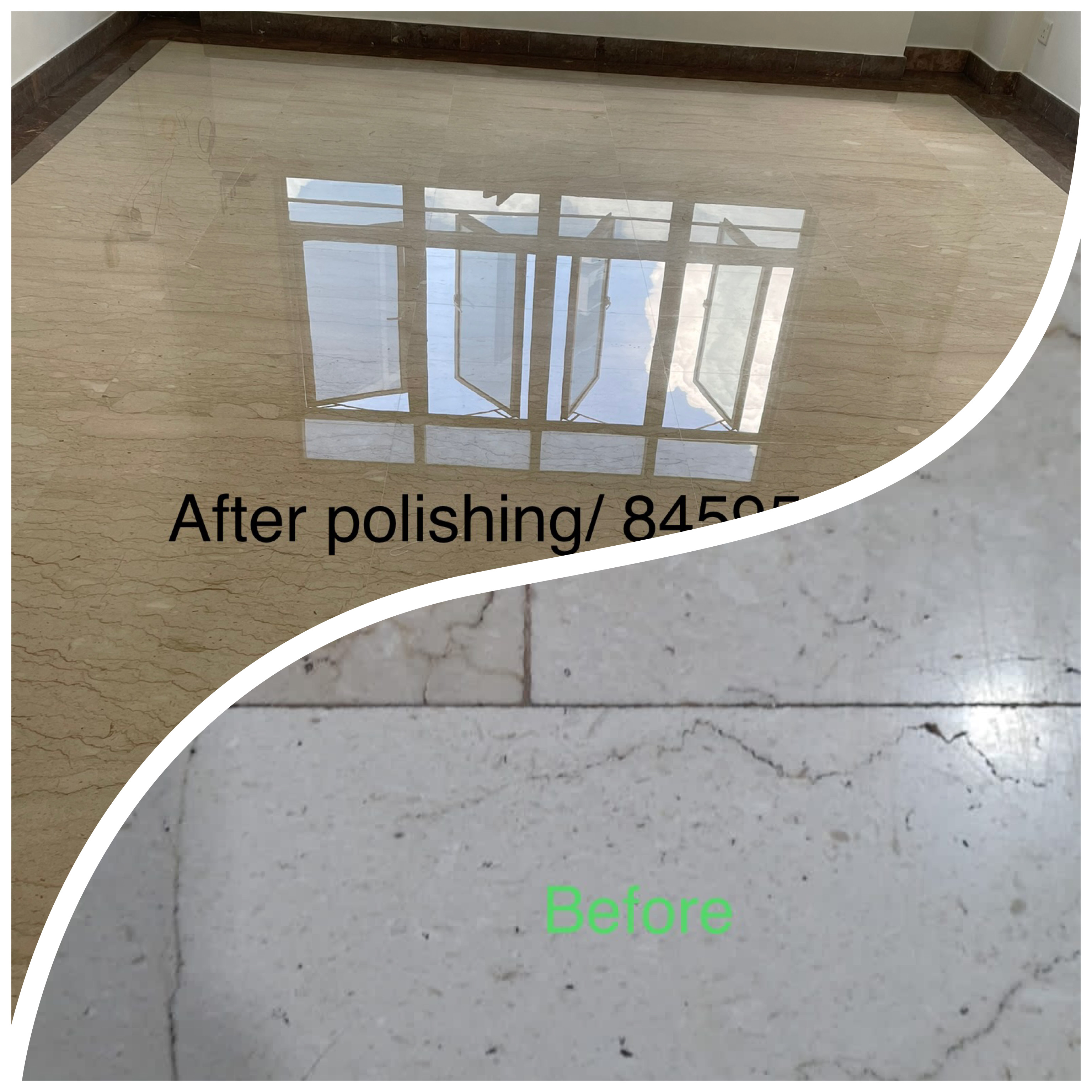 Before and after marble floor polishing and cleaning.